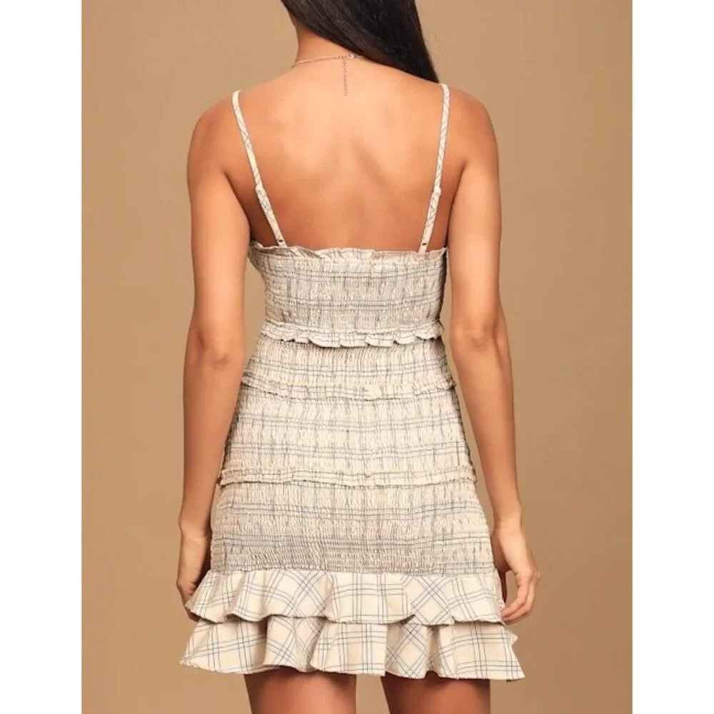 Lulus Out and About Blush Plaid Smocked Ruffled Mini Dress Size small - Picture 2 of 13